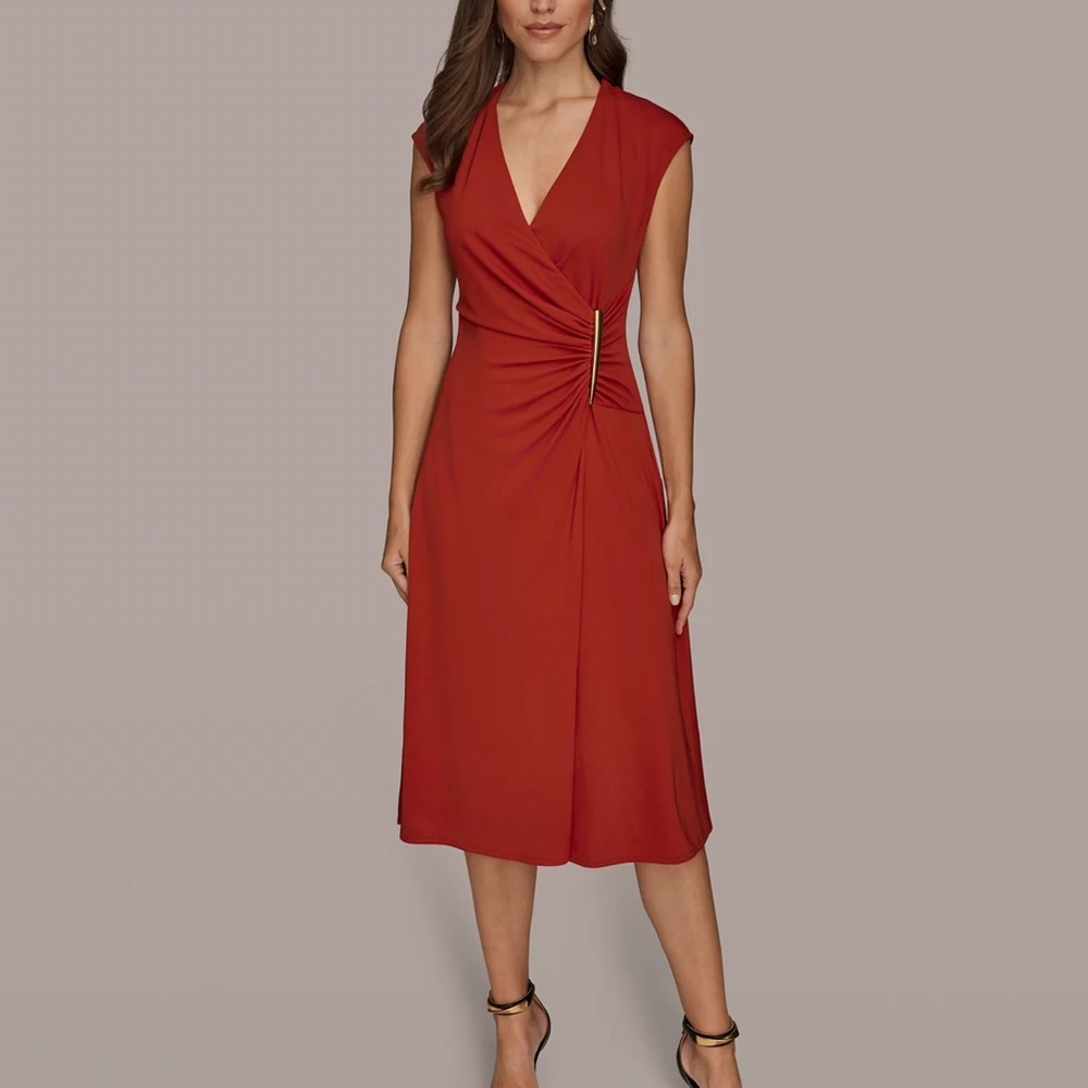 Donna Karan V Neck Midi Dress Size 10 Stretch Pullover Office In Autumn Red